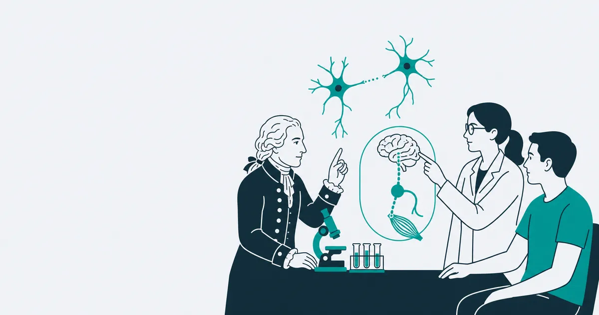 威廉·瓦尔代尔观察神经元与现代脑科学研究的主题插画