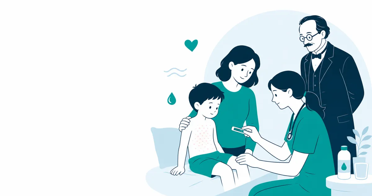 约翰·扎霍斯基观察幼儿急疹与现代儿科照护的主题插画