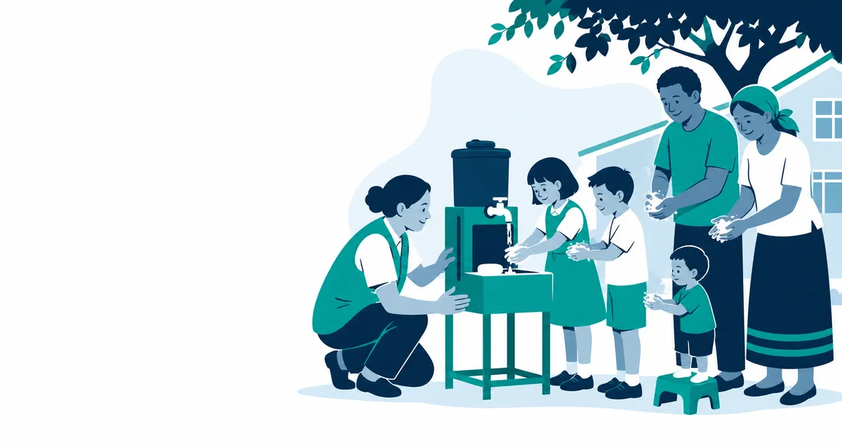 不同家庭和儿童在可及洗手设施前用肥皂洗手的主题插画