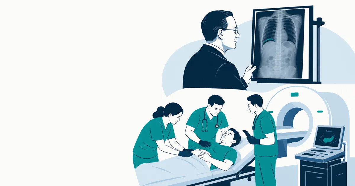 利奥·里格勒观察腹部X光与现代急诊团队评估急腹症的主题插画