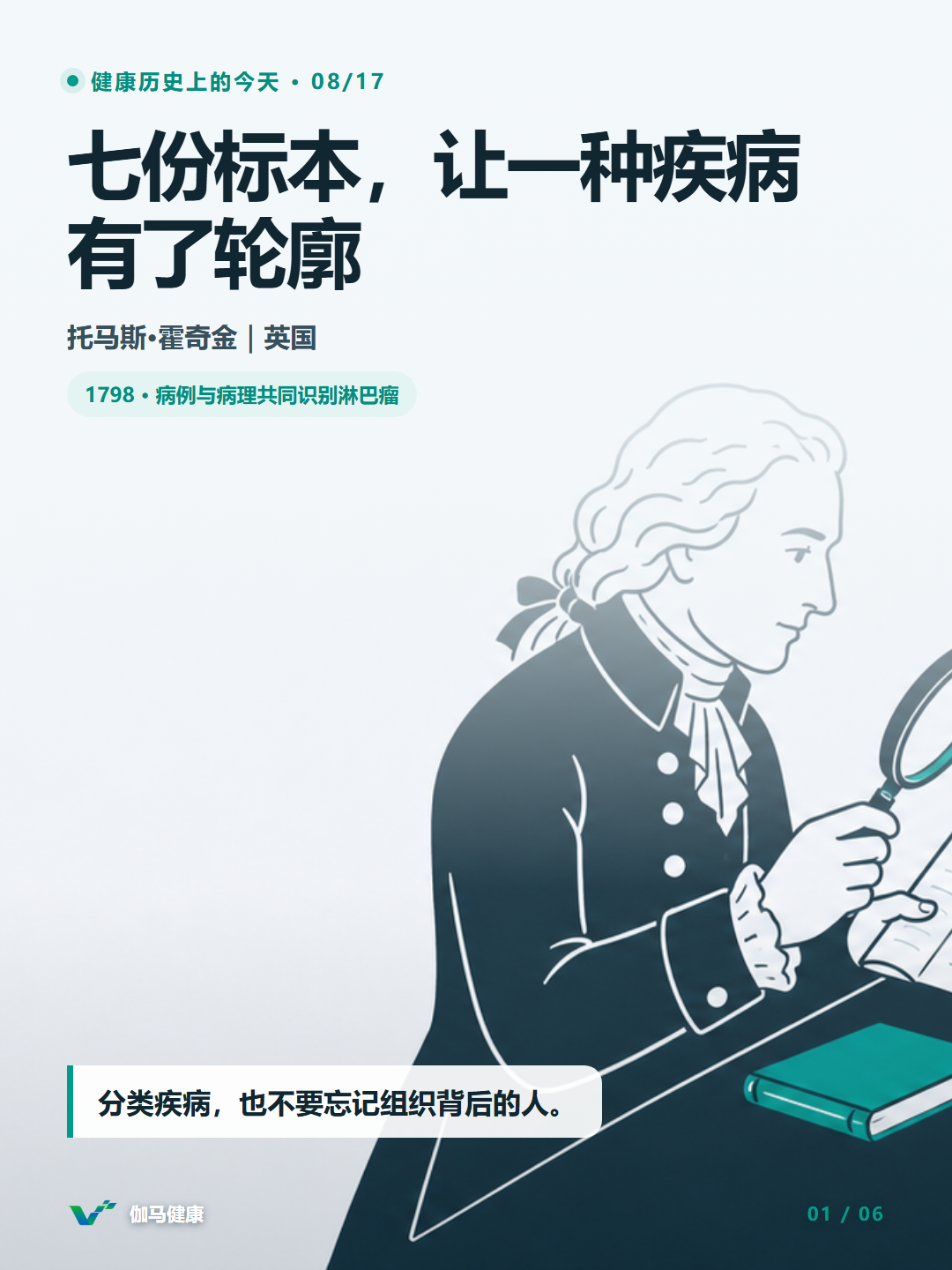 托马斯·霍奇金比较病例记录、淋巴结标本与显微组织的主题插画