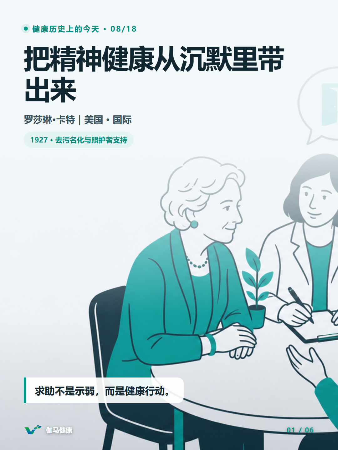 罗莎琳·卡特与心理专业人员、照护者和求助者围桌交流的主题插画