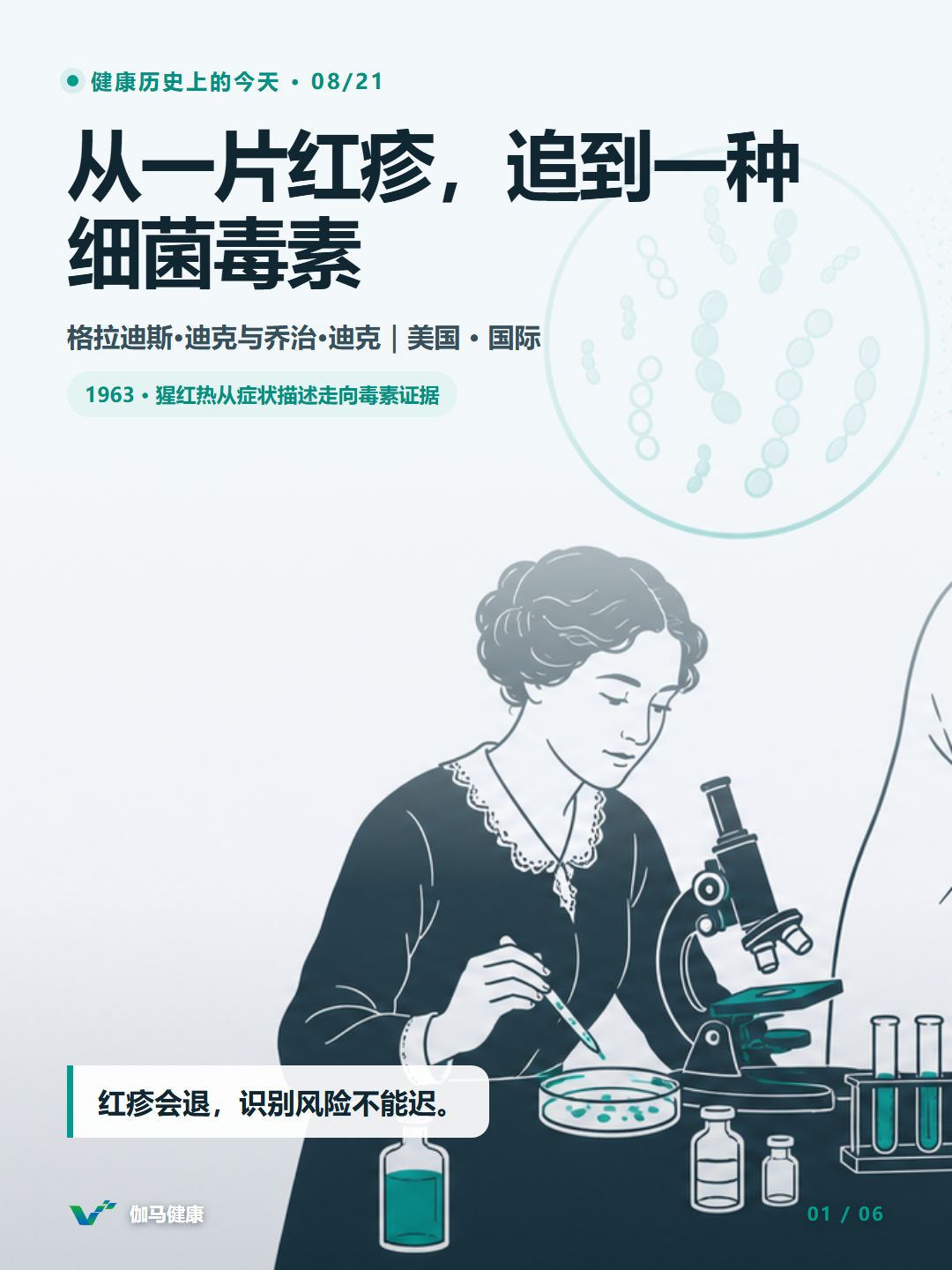 格拉迪斯·迪克研究链球菌毒素并与临床医生照护患儿的主题插画