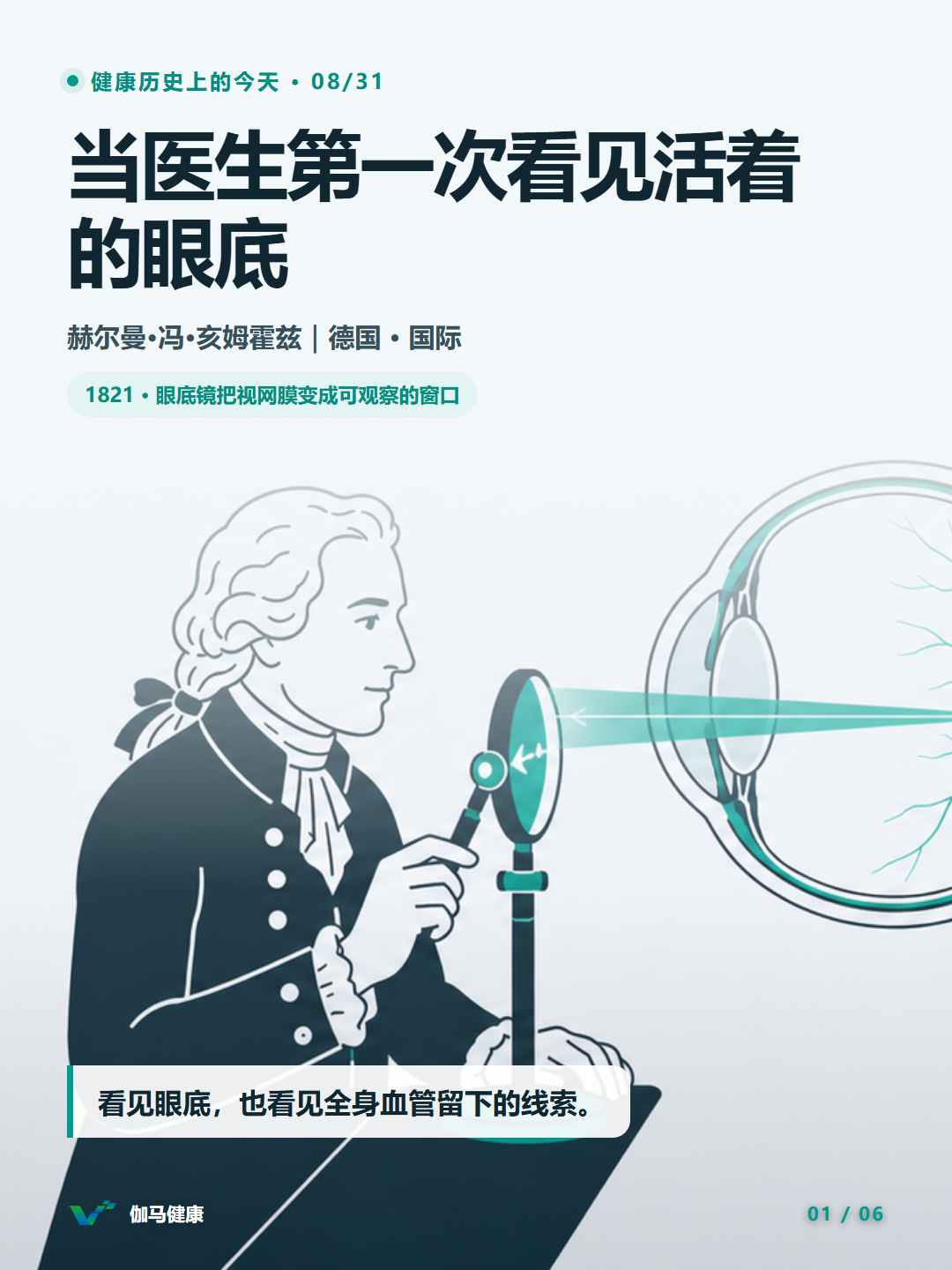 赫尔曼·冯·亥姆霍兹与现代医生用眼底镜观察视网膜的医学史主题插画